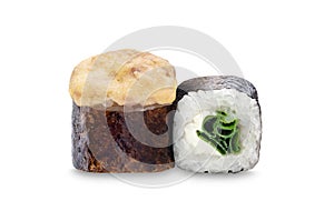 Sushi wrapped in seaweed, showcasing the artistry of Japanese cuisine and the fusion of flavors. Warm rolls with a cheese cap