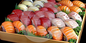 Sushichef, masterfully creating exquisite lands and rolls, combining various types of fish, seaf