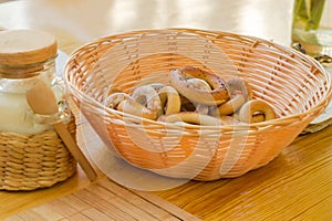 Sushki cookies in wooden basket on a table