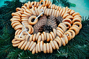 Sushki, Traditional Russian Mini Bagels, on Pine Branches