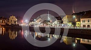 Susice SuÃÂ¡ice city, Czech republic river Otava bridge downtown center area houses and hill at night