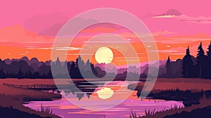 a susnet anime landscape illustration with a river view, ai generated image