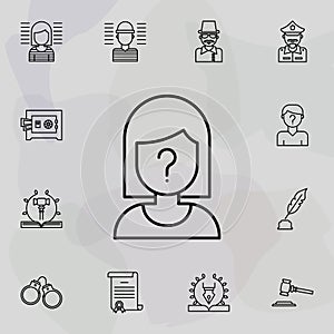 Suspect, woman, question mark icon. Universal set of law and justice for website design and development, app development