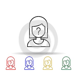 Suspect, woman, question mark multi color style icon. Simple thin line, outline vector of law and justice icons for ui and ux,