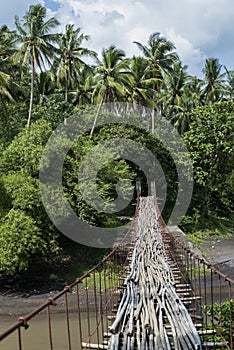 Suspended bamboo floored bridge leading to the jungle in the Philippines