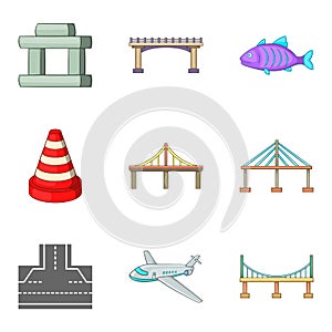 Suspended bridge icons set, cartoon style