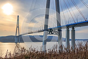 Suspended cable Russian bridge from the mainland of the Far-Eastern city of Vladivostok to the Russky island