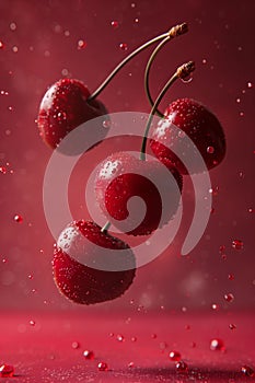 Suspended Cherries with Falling Drops, Red Glow