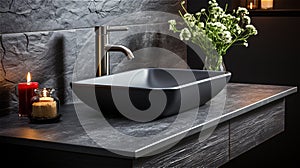 a suspended countertop and a minimalist stone wash basin and tap.