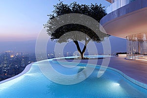 Suspended glass pools linking modern buildings, glowing at dusk, exemplifying architectural innovation, Generated AI photo