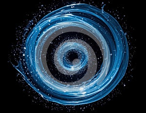 A suspended glowing vortex of liquid with bright particles inside.