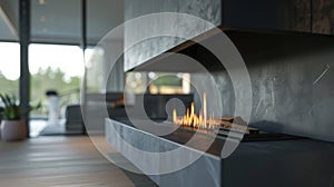 The suspended hearth seems to float effortlessly within the minimalistic black frame of the fireplace. 2d flat cartoon photo