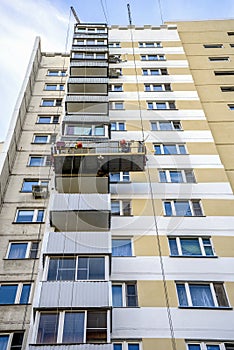 Suspended platform or cradle for construction, installation and repair work of building facades of skyscrapers.