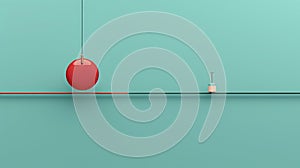 Suspended red sphere and candle on teal background. Minimalist abstract 3D render with copy space. Balance and