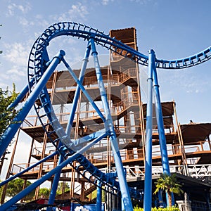 The suspended roller coaster rails in an amusement park