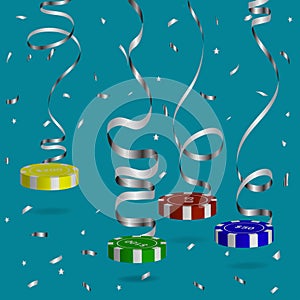 Suspended on a silver serpentine poker chips of different value, flying silver confeti.Vector illustration photo