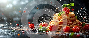 Suspended Symphony of Spaghetti & Spices. Concept Food Photography, Culinary Creations, Artistic