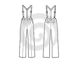 Suspender Pants Dungarees technical fashion illustration with full length, low waist, rise, pocket. Flat apparel garment