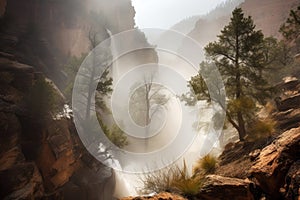 suspenseful scene with canyon and waterfall, featuring misty spray