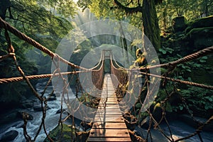 Suspension bridge in a dense green forest