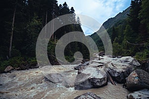 A suspension bridge on hiking trail through green dense forest with a female traveler. Woman tourist standing on wooden bridge