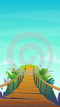 Suspension bridge in a jungle cartoon background of summer exotic nature , bright colours funny and happy travel vertical vector