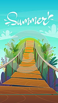 Suspension bridge in a jungle cartoon background of summer exotic nature , bright colours funny and happy travel vertical vector