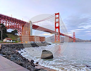 Golden Gate Bridge in San Francisco, California, USA in dense fog photo