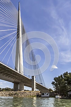 Suspension Bridge Over Ada Girder With Stairs and Pylon Detail - Belgrade - Serbia