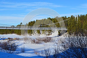 Suspension bridge over the Niva river in spring