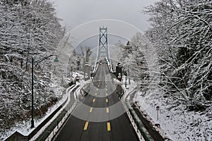 Suspension bridge over the ocean bay in winter.