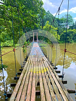 A suspension bridge over a river connects two lands