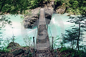 Suspension bridge over Soca river, popular outdoor destination, Soca Valley, Slovenia, Europe