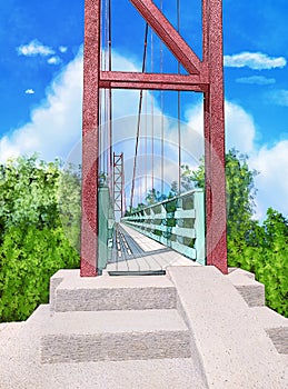 Suspension bridge. Painted background in anime style. Digital illustration.