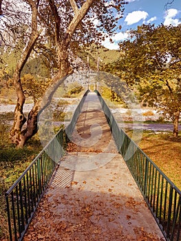 suspension bridge in pili city trikala perfecture greece in autumn season