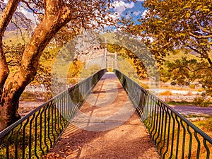 suspension bridge in pili city trikala perfecture greece in autumn season