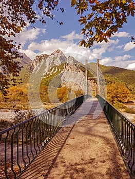 suspension bridge in pili city trikala perfecture greece in autumn season