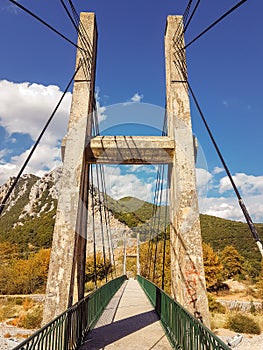 suspension bridge in pili city trikala perfecture greece in autumn season