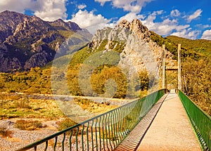 suspension bridge in pili city trikala perfecture greece in autumn season