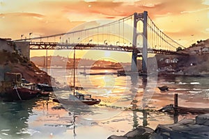 Suspension bridge watercolor drawing painting at sunset. photo