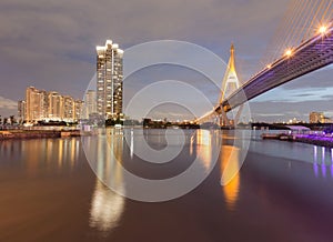 Suspension bridged cross over Bangkok night view photo