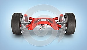 Suspension of the car in details with wheel on blue gradient background 3d