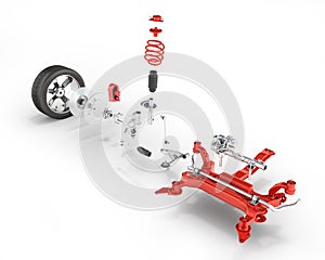 Suspension of the car in details with wheel  on white background 3d