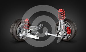 Suspension of the car with wheel on black gradient background 3d