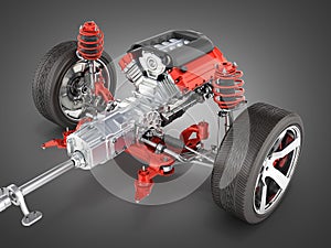 Suspension of the car with wheel and engine Undercarriage in detail on black gradient background 3d