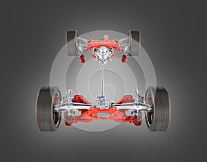 Suspension of the car with wheel and engine Undercarriage in detail  on black gradient background 3d