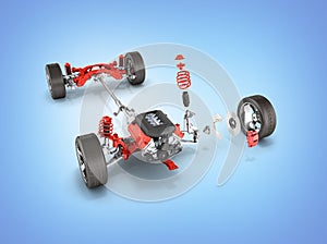 Suspension of the car with wheel and engine Undercarriage in detail on blue gradient background 3d