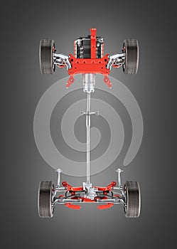 Suspension of the car with wheel and engine Undercarriage in detail bottom view isolated on black gradient background 3d