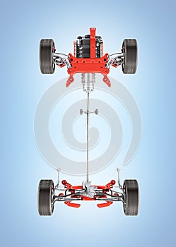 Suspension of the car with wheel and engine Undercarriage in detail bottom view isolated on blue gradient background 3d