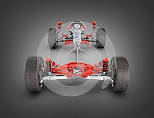 Suspension of the car with wheel and engine Undercarriage in detail isolated on black gadient background 3d